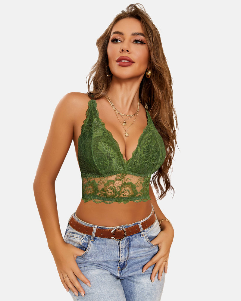 Lace bralette crop top, v-neck racerback, green lace