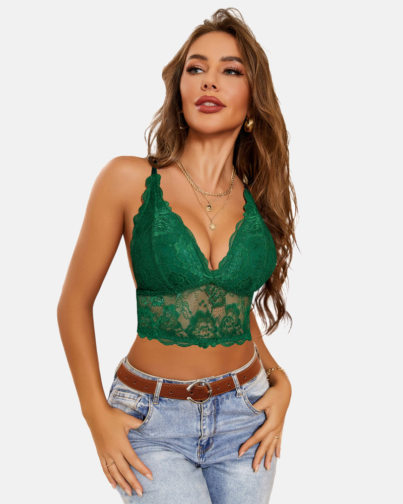 Lace bralette crop top, v-neck racerback, deep green lace