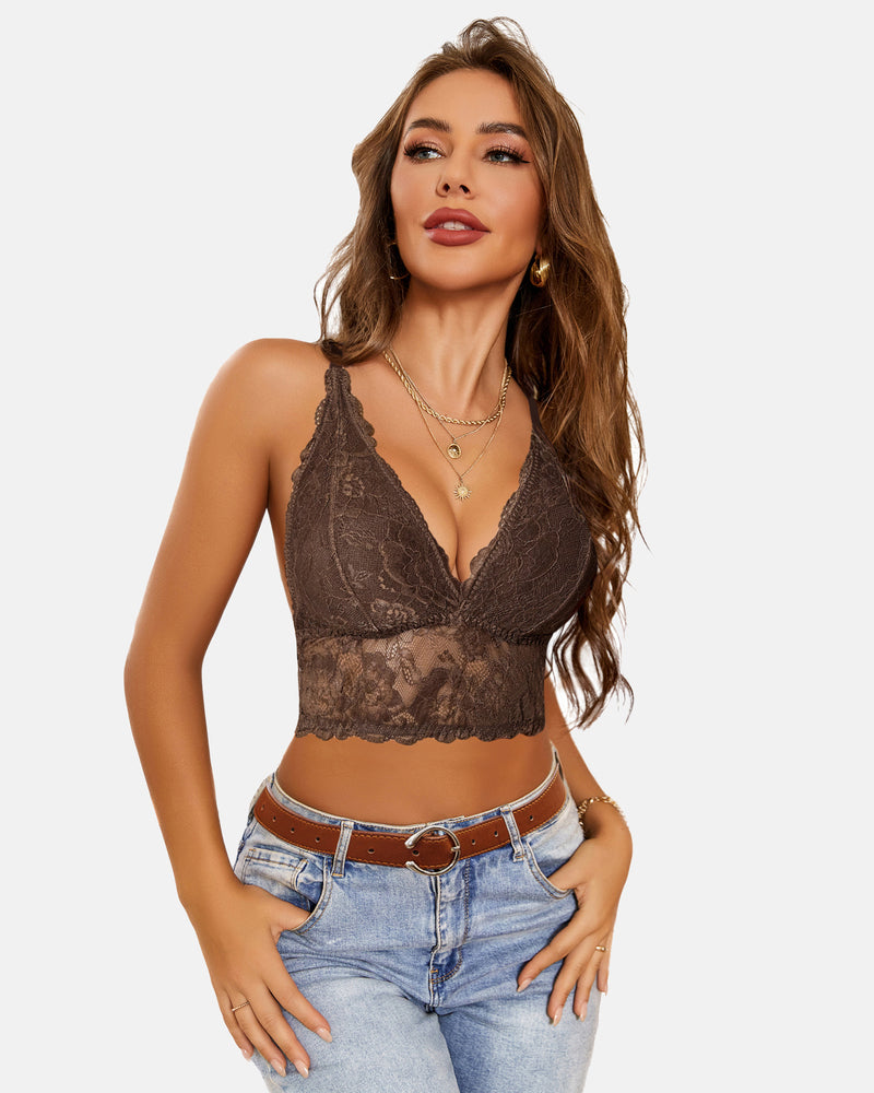 Lace bralette crop top, v-neck racerback, dark brown lace
