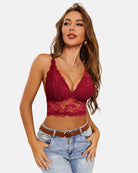 Lace bralette crop top, V-neck racerback, dark red lace