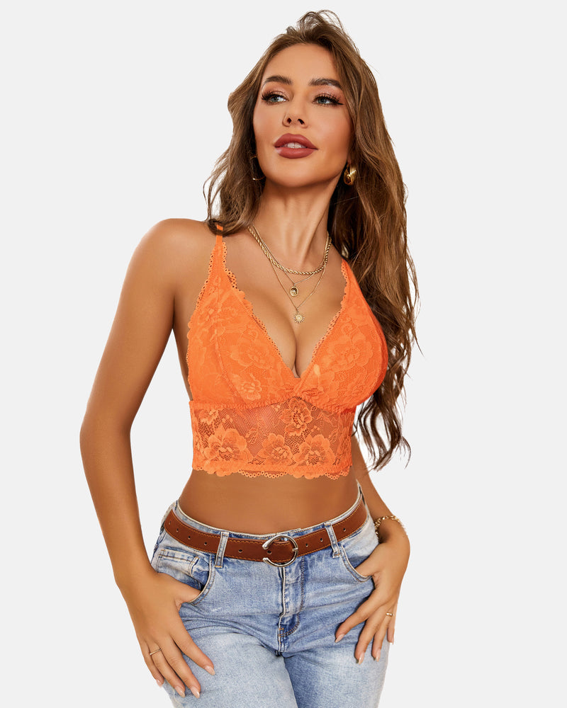 Lace bralette crop top, V-neck racerback, orange lace