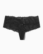 Low-waist lace thong in black with scalloped lace trim and bow accent