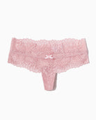 Low-waist lace thong in pink with scalloped lace edges and small bow detail