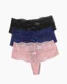 Layered lace low-waist thongs in black, blue, and pink with bows