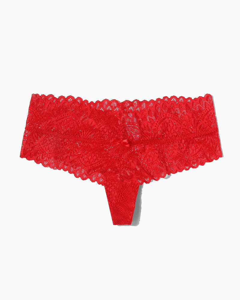 Red low-waist lace thong with scalloped edges and center bow