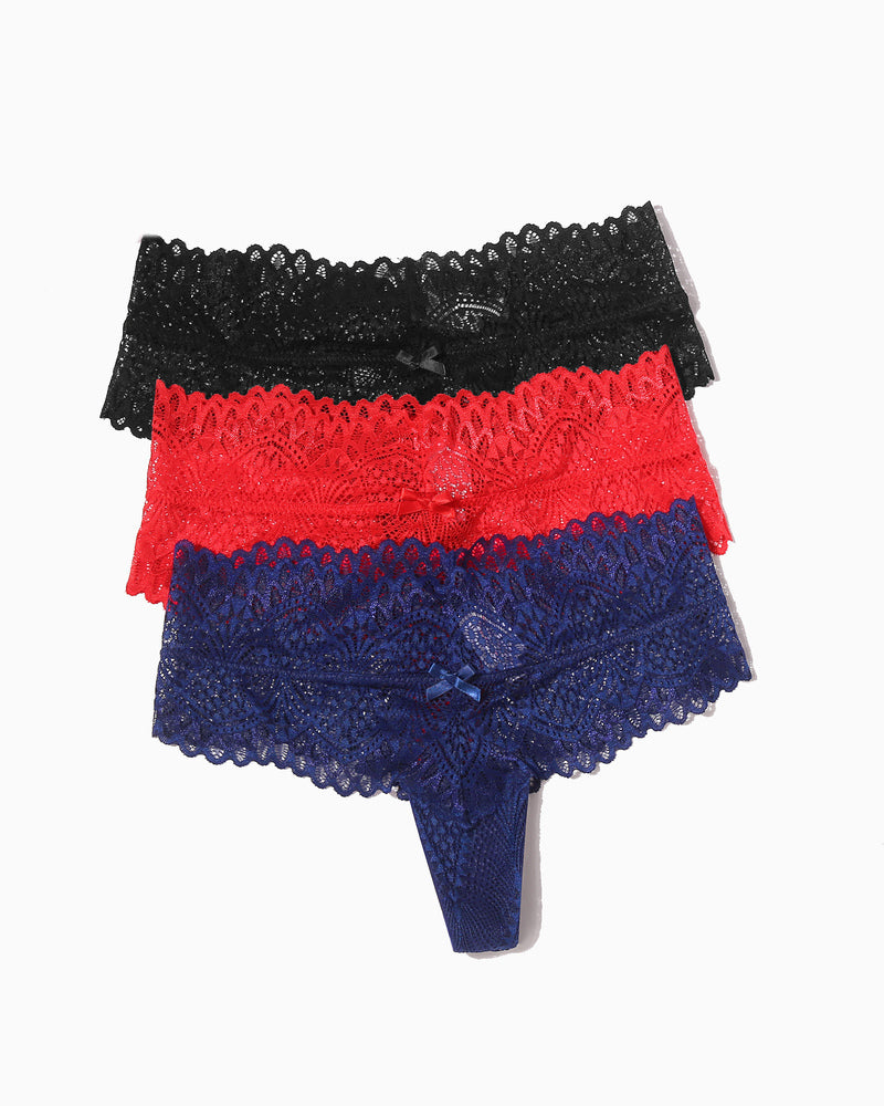 Low-waist lace thong set in black, red, and navy blue with lace trim and bow detail