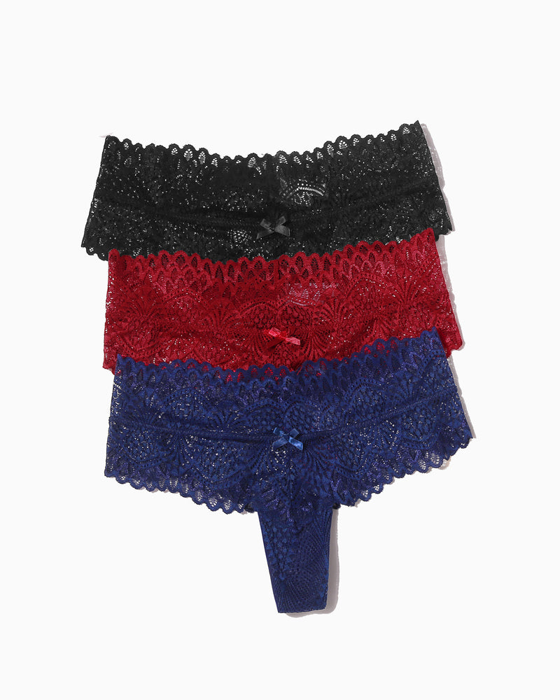 Layered lace low-waist thongs in black, red, and navy blue with bows