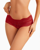 Red low-waist lace thong with scalloped lace trim and center bow