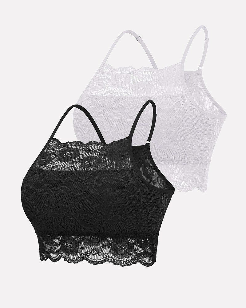 Two-pack lace double-layer crop tops: black and white, wireless with scalloped hems