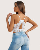 White lace double-layer crop top with strappy back and scalloped lace hem