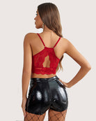 Red lace double-layer crop top with strappy back cutout and scalloped hem