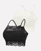 2-pack lace wireless crop tops, black and off-white sheer lace