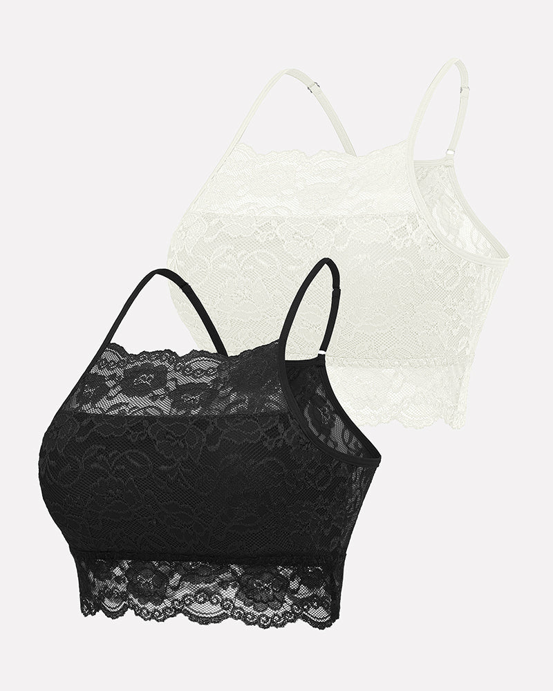 2-pack lace wireless crop tops, black and off-white sheer lace