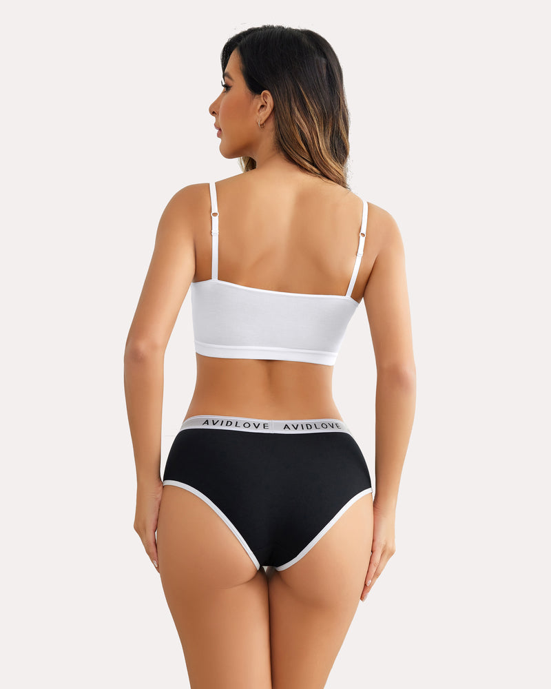 Back view of black cotton hipster panties with Avidlove logo waistband
