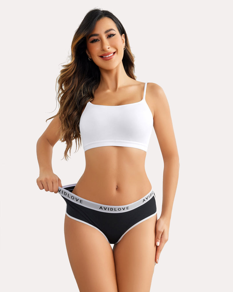 Black cotton hipster panties with white trim and Avidlove logo waistband