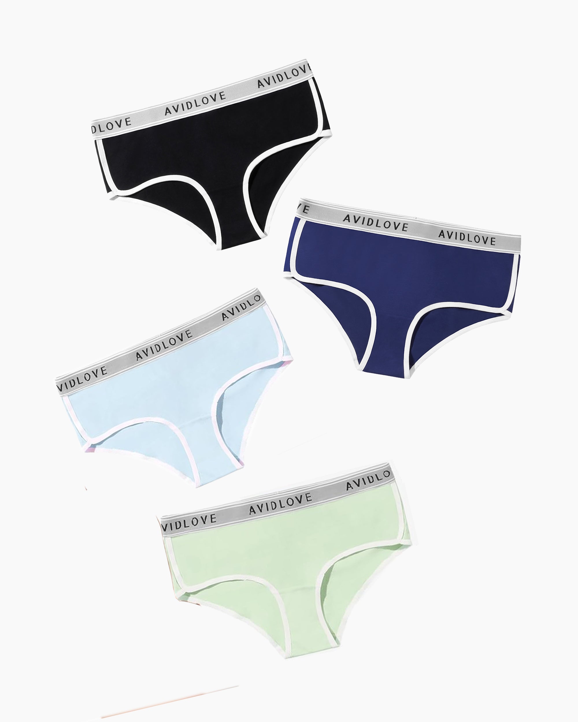 Cotton hipster panties set of four in black, navy, light blue, and light green with white trim