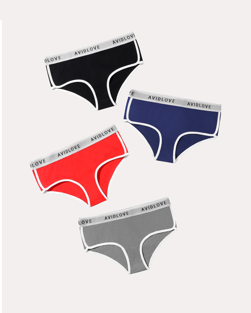 4-pack cotton hipster panties in black, navy, red, and gray with contrast piping