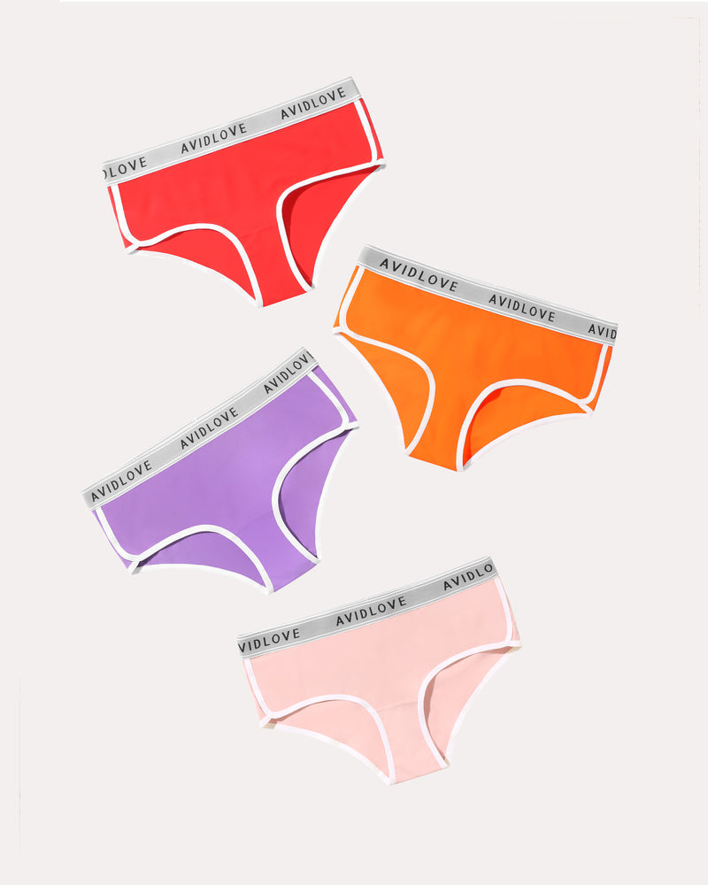 4-pack cotton hipster panties in red, orange, purple, and pink with contrast piping