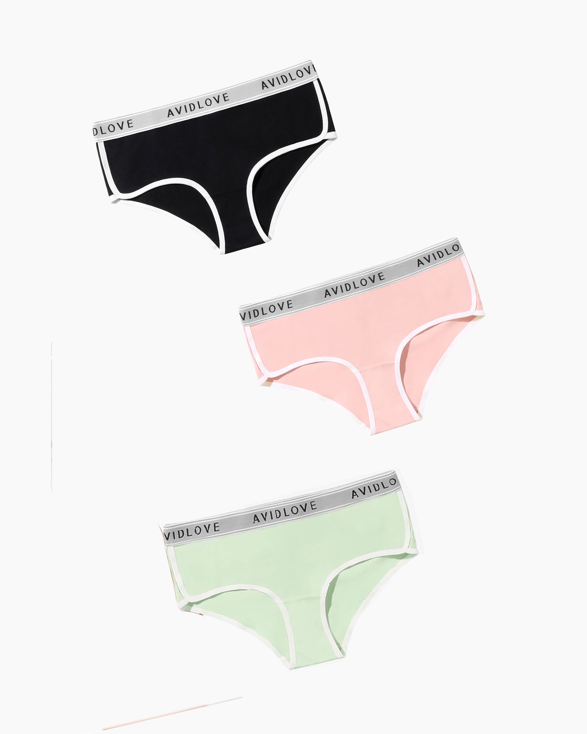 Cotton hipster panties in black, blush pink, and light green with white contrast trim
