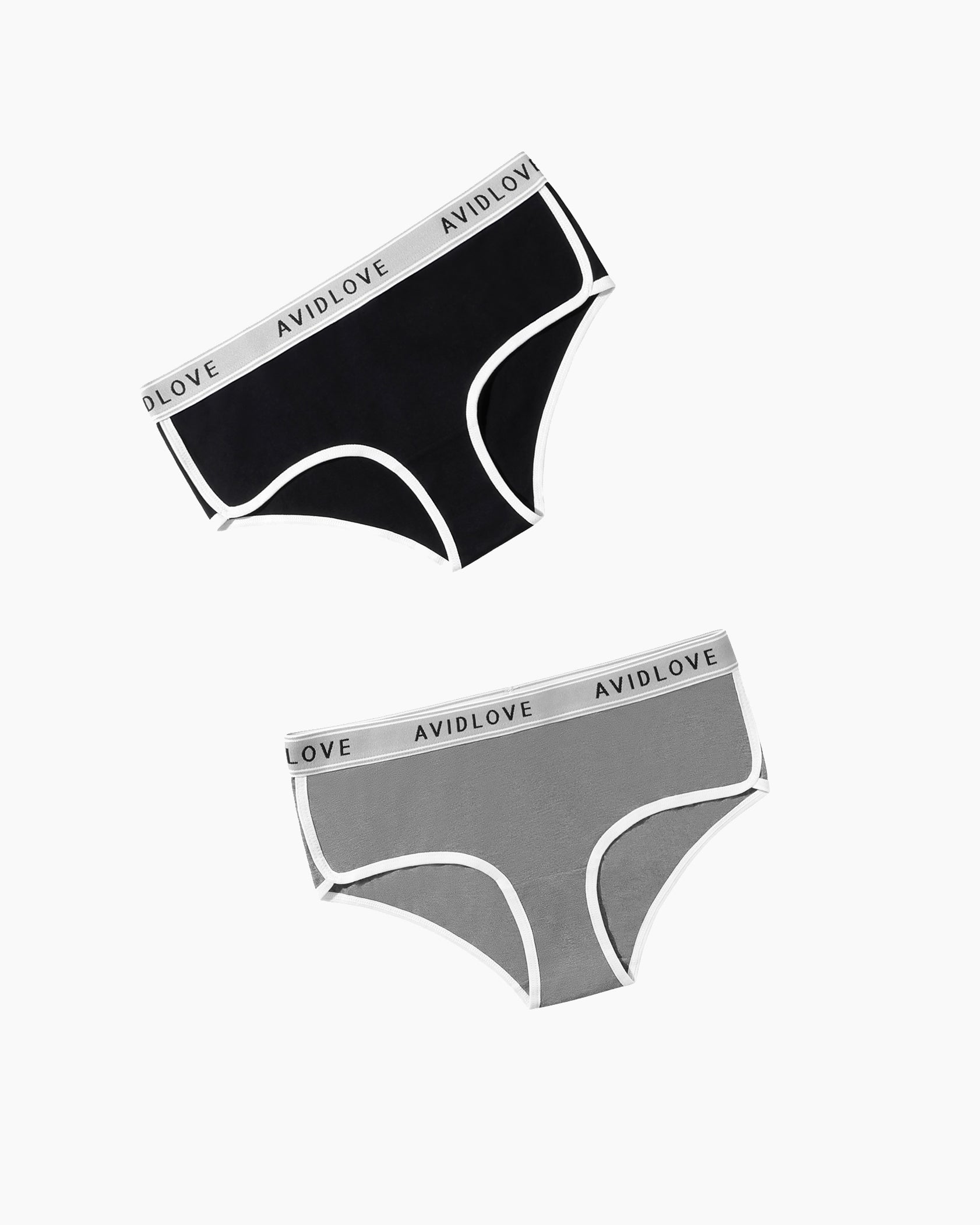 Cotton hipster panties in black and gray with white contrast trim