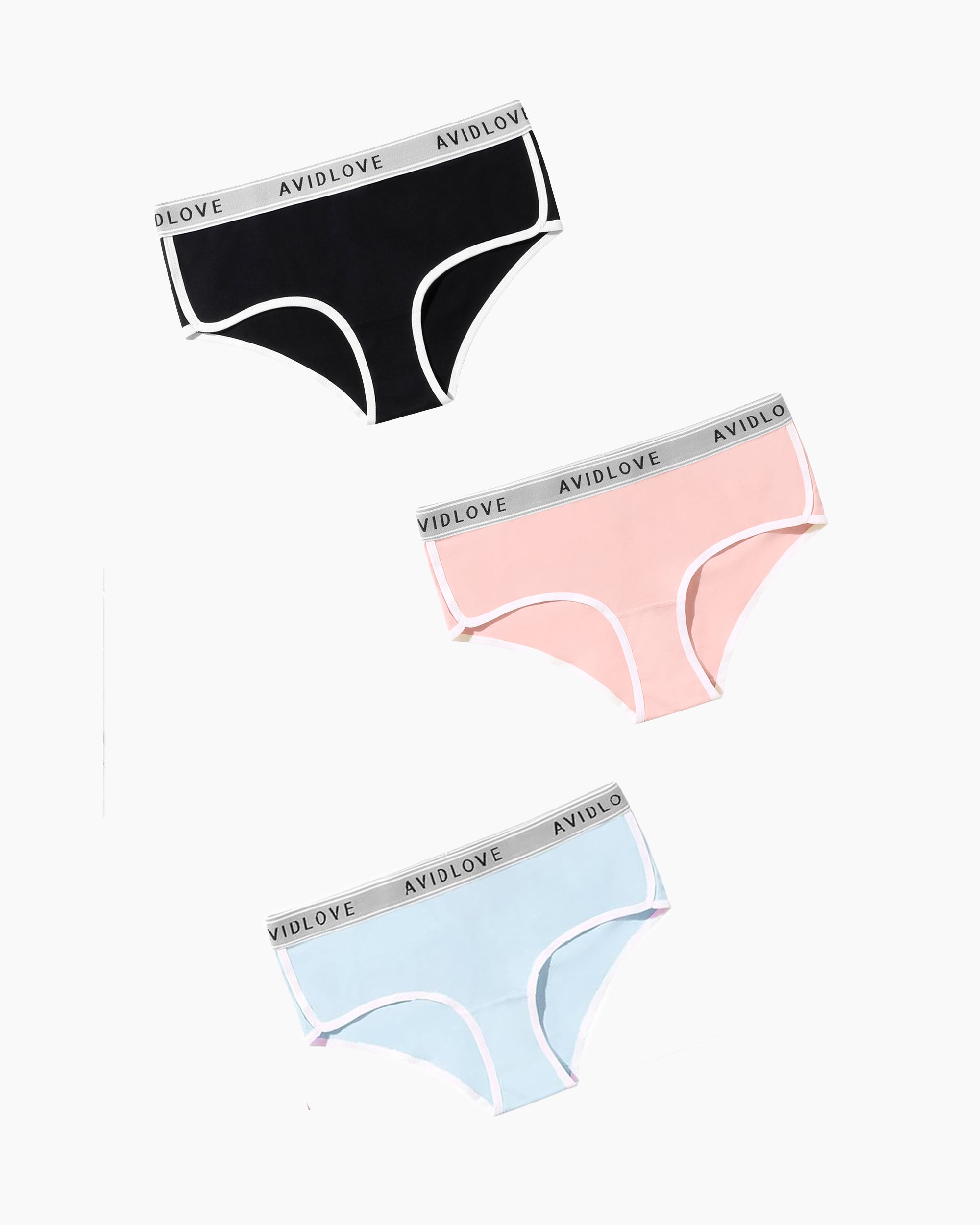 Cotton hipster panties in black, light pink, and light blue with white contrast trim