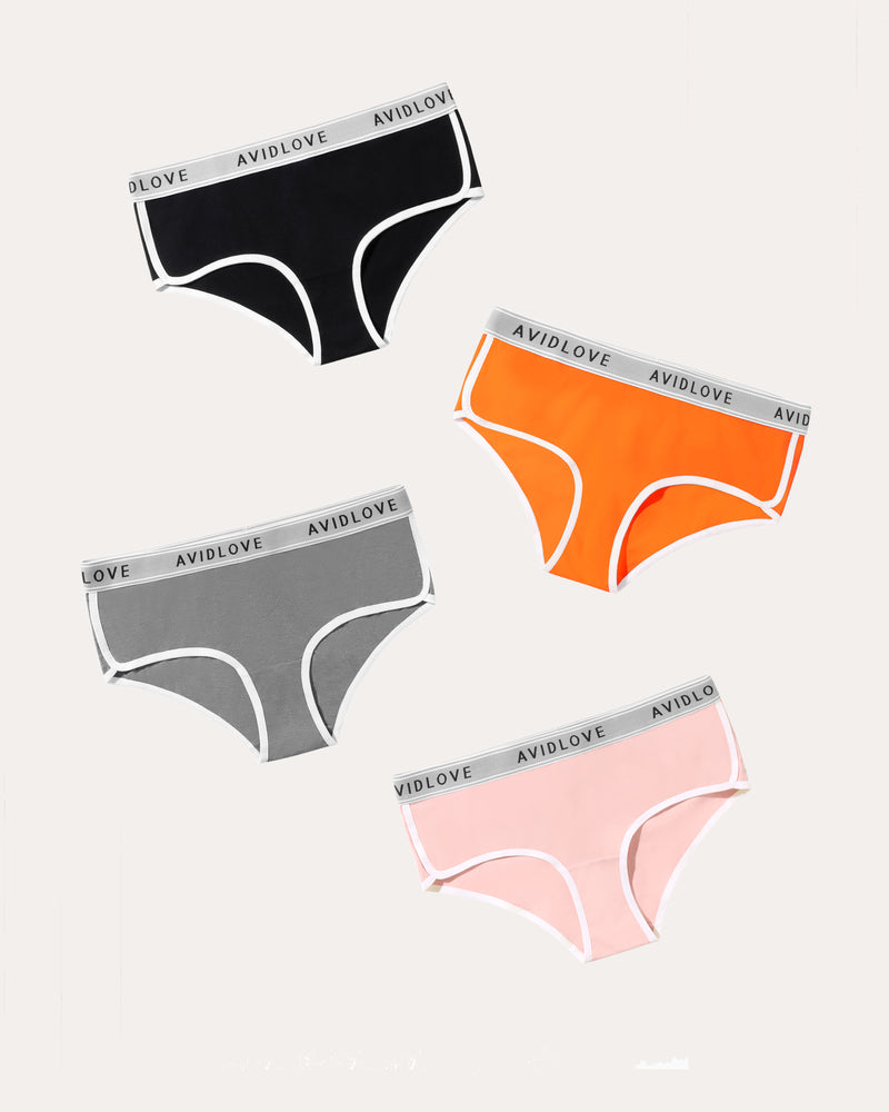 4-pack cotton hipster panties in black, orange, gray, and pink with contrast piping