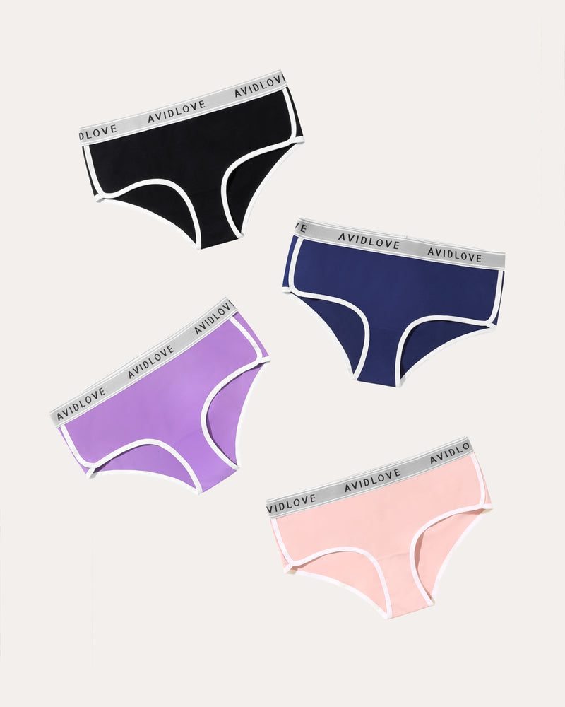 Cotton hipster panties set of four in black, dark blue, purple, and pink with white trim