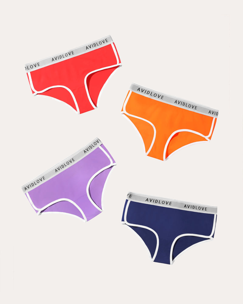 Cotton hipster panties set of four in red, orange, purple, and navy with white trim