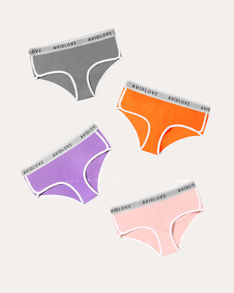 Cotton hipster panties set of four in gray, orange, purple, and pink with white trim