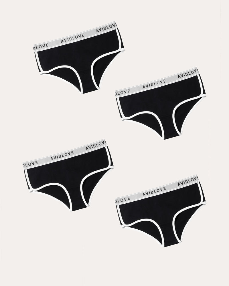 Cotton hipster panties set of four in black with white contrast trim