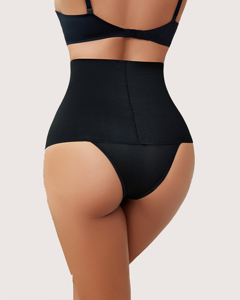 Black high-waist thong shapewear with ribbed front tummy panel
