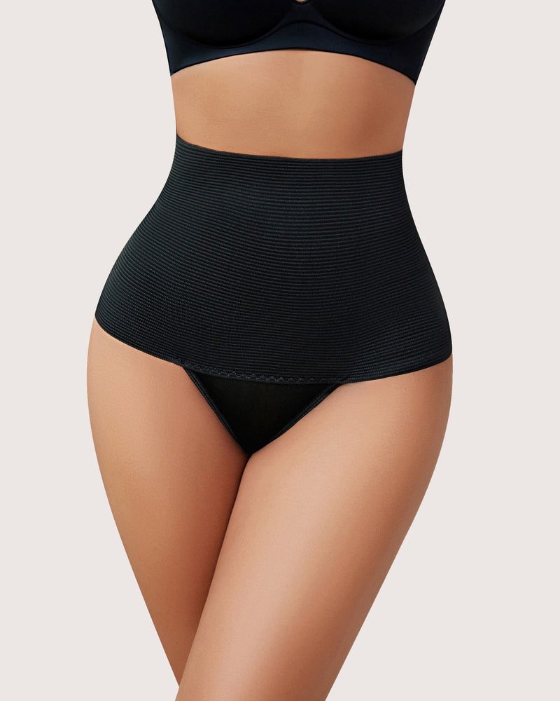 Black high-waist thong shapewear with ribbed tummy control panel