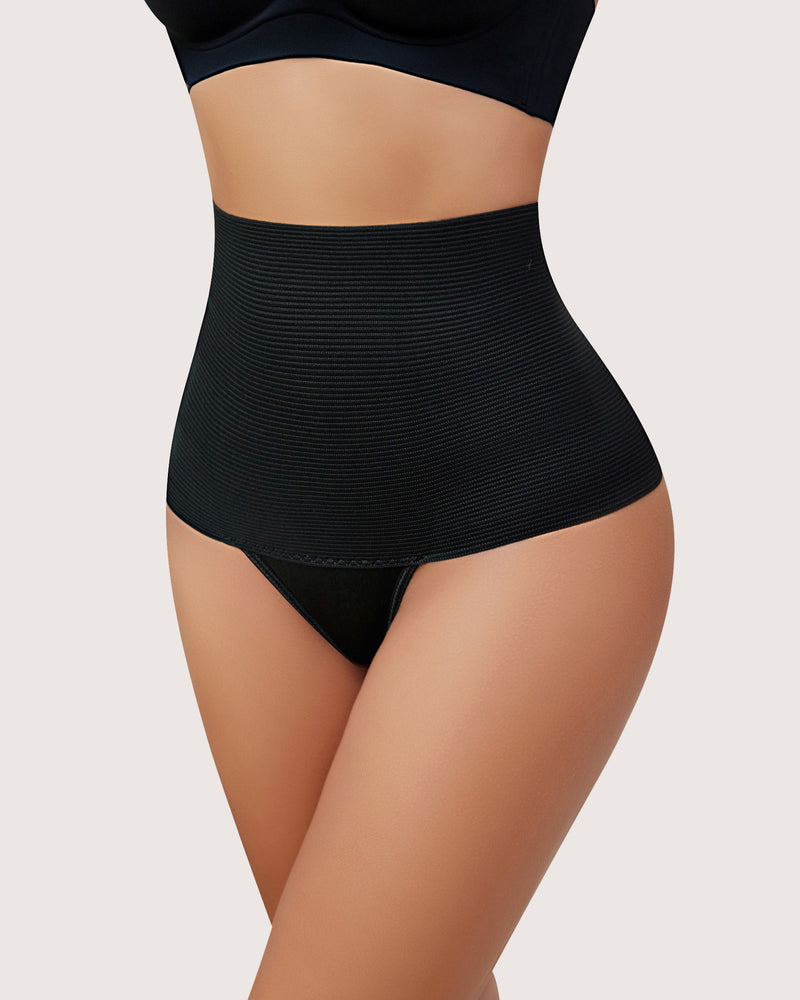 Black high-waist thong shapewear with ribbed waistband and rear coverage