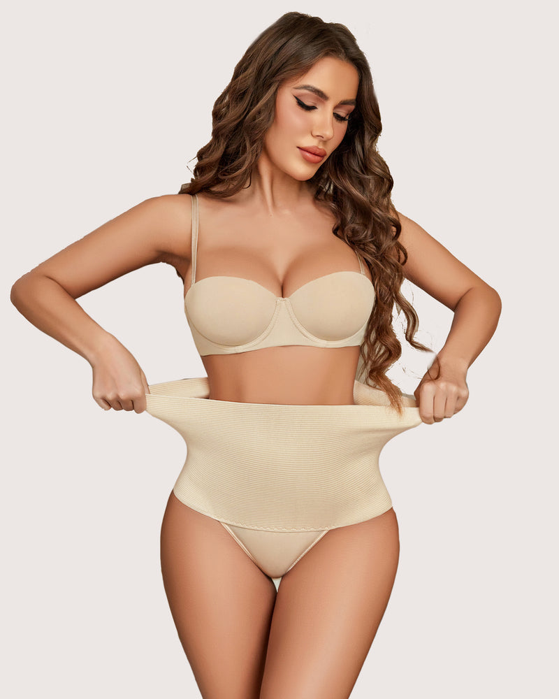 Beige high-waist thong shapewear with ribbed tummy control panel