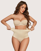 Beige high-waist thong shapewear with ribbed tummy control panel