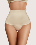 Beige high-waist thong shapewear with ribbed tummy panel