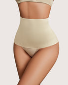 Beige high-waist thong shapewear with ribbed midsection panel