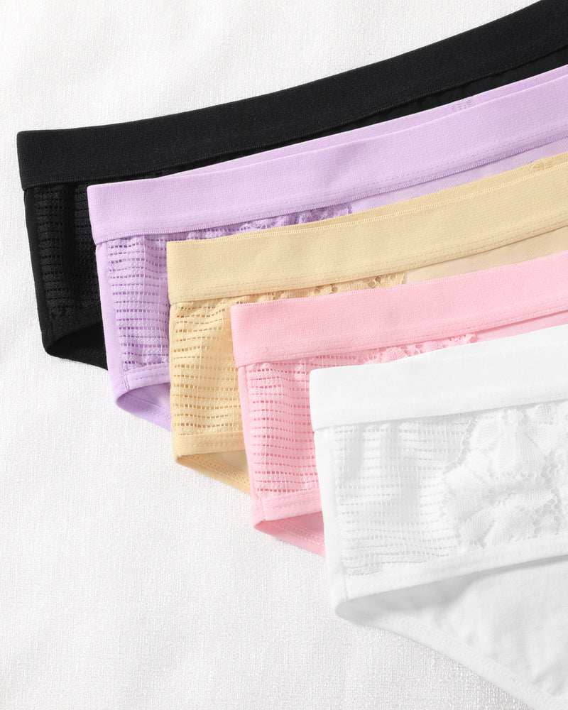 Cotton hipster tanga briefs folded set: black, lavender, beige, pink, white