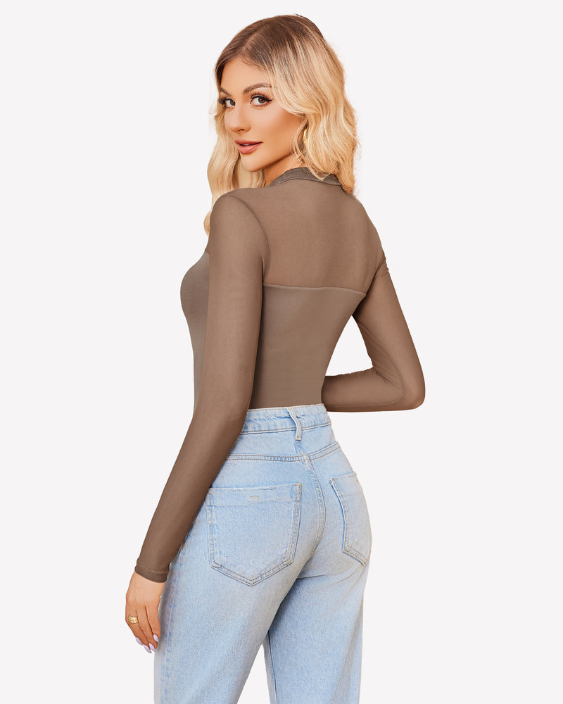 Taupe sheer mesh bodysuit back view with mock turtle neck and long sleeves