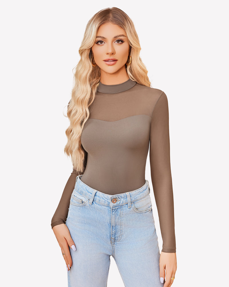 Taupe sheer mesh bodysuit with mock turtle neck, long sleeves and fitted legs