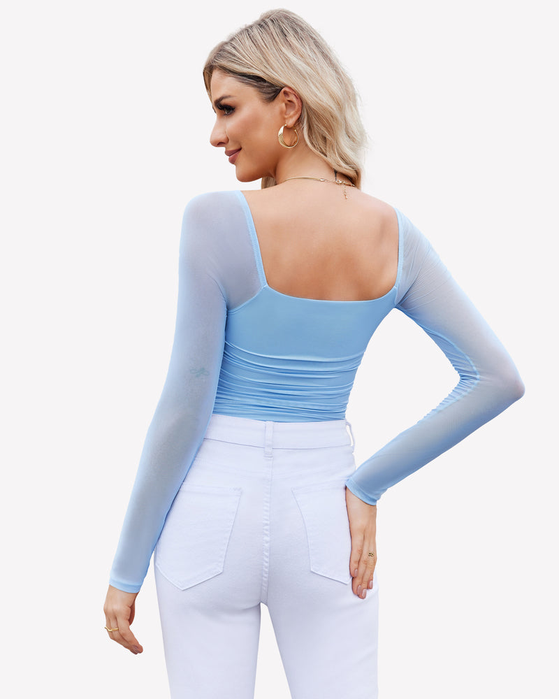 Back view of square-neck ruched mesh long-sleeve bodysuit, light blue