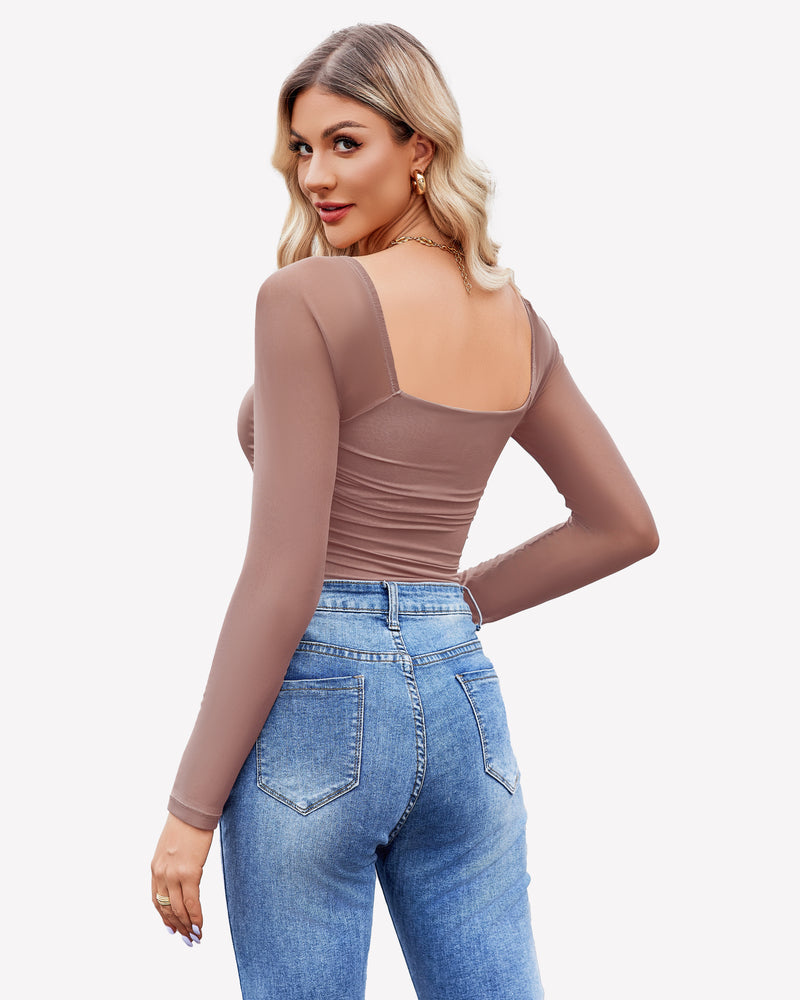 Side view of square-neck ruched mesh long-sleeve bodysuit, brown taupe
