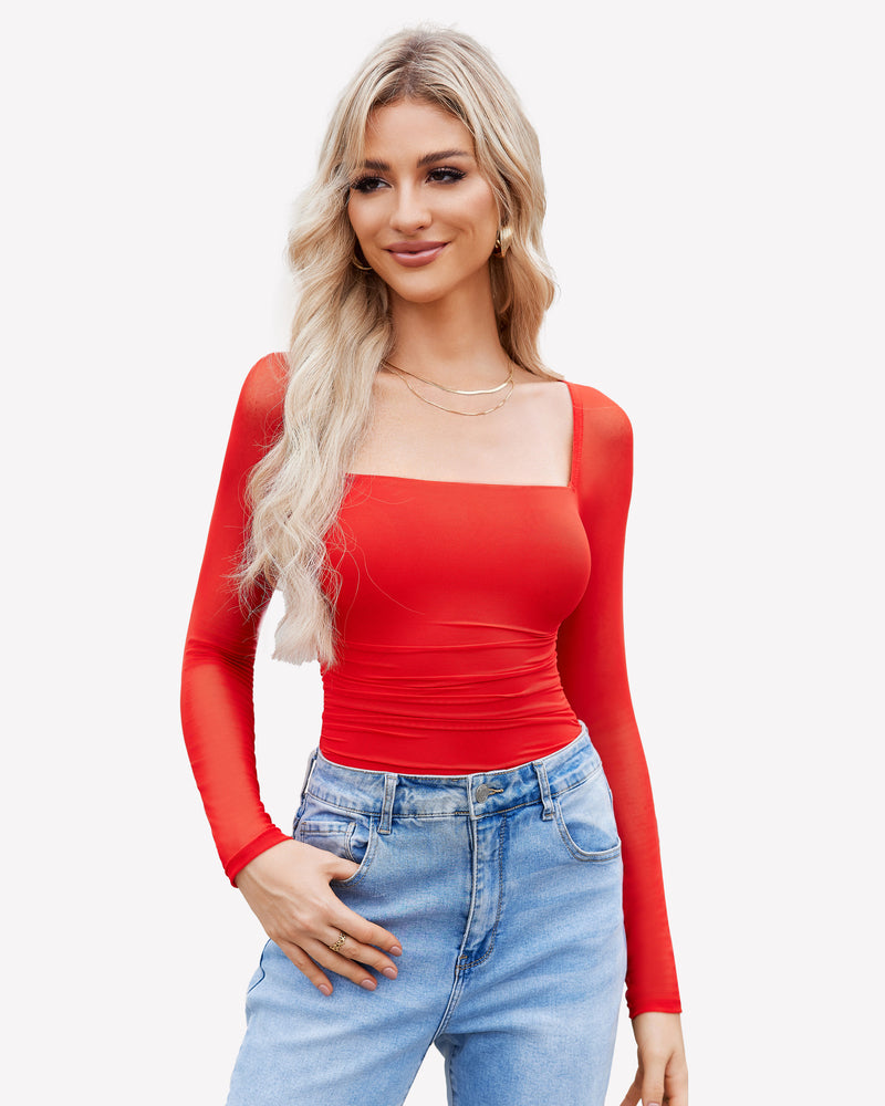 Square-neck ruched mesh long-sleeve bodysuit, red