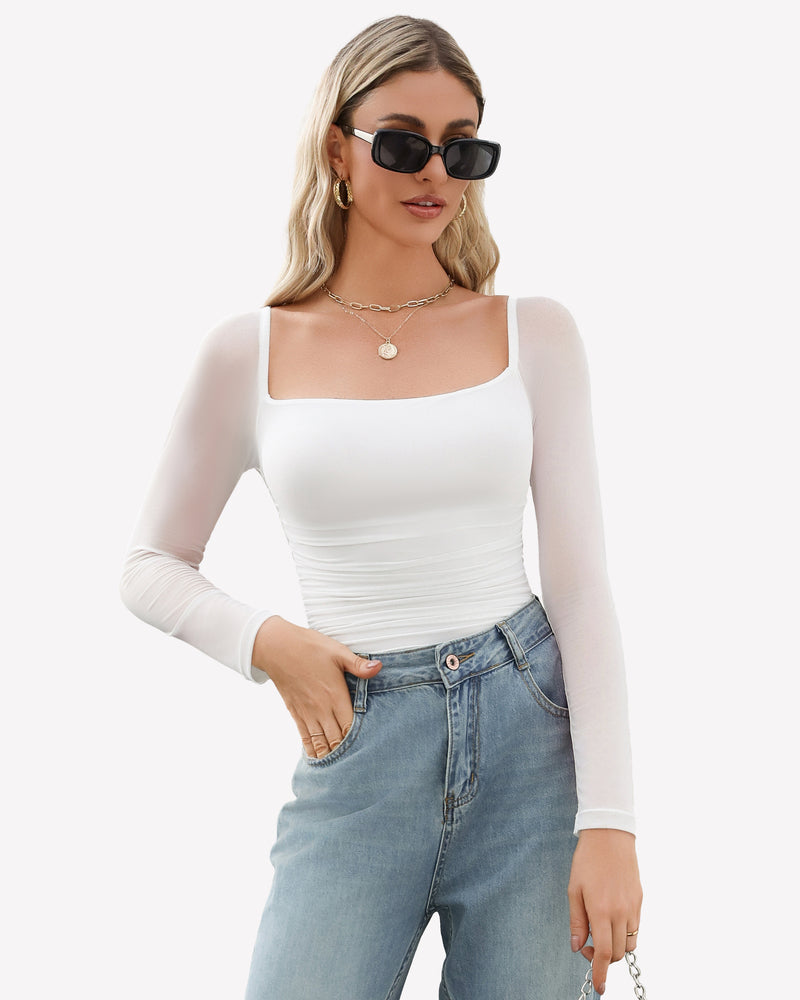 White square-neck long-sleeve bodysuit with ruched waist