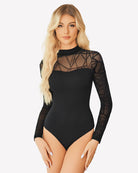 Black sheer mesh bodysuit with mock turtle neck and geometric long-sleeve panels