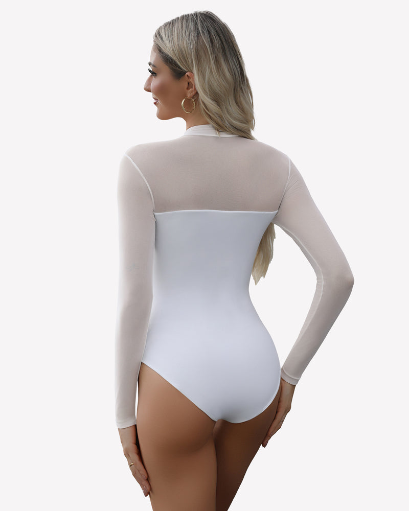 White sheer mesh mock turtleneck bodysuit, back view, long sleeves