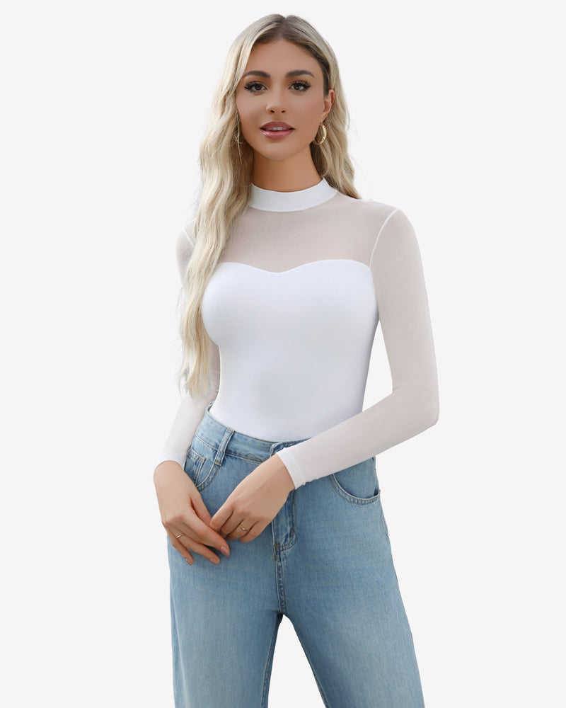 White sheer mesh bodysuit with mock turtleneck and long sleeves