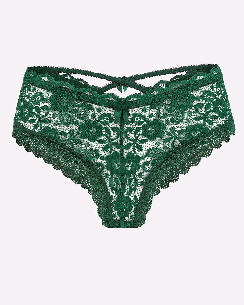 Green lace hipster panties with criss-cross back straps and center bow