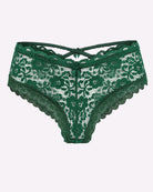 Green lace hipster panties with criss-cross back straps and center bow
