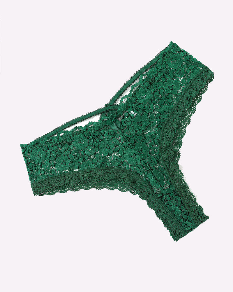 Green lace hipster panties with floral criss-cross back strap detail